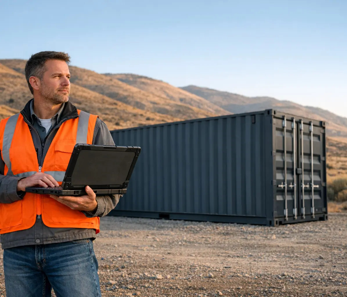 A site manager in a safety vest with a laptop beside a gunmetal container on a gravel pad