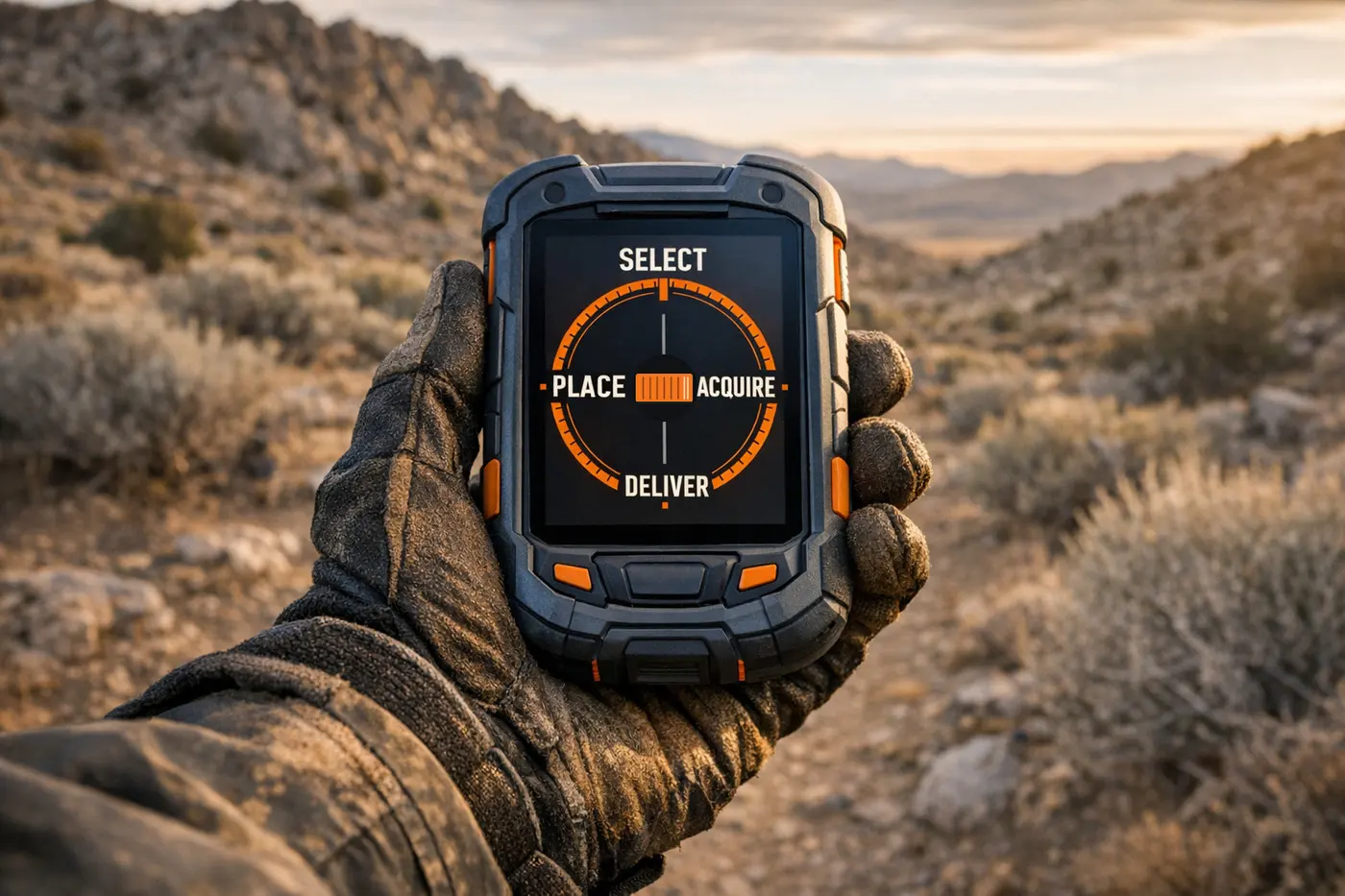 Gloved hand holding a rugged handheld compass reading Select, Acquire, Deliver and Place, with a container icon at its center