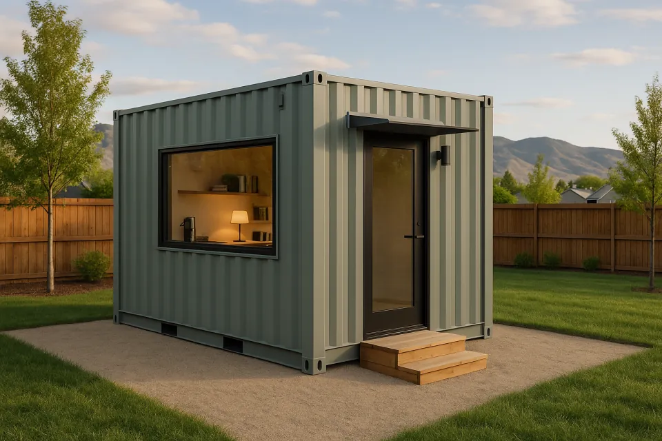 Modified shipping container backyard home office with a glass door and a wide window