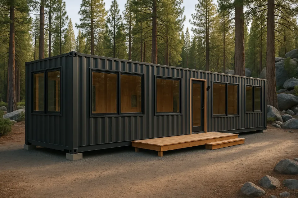 Modified 40 ft shipping container cabin home with large windows and a wood deck in a pine forest