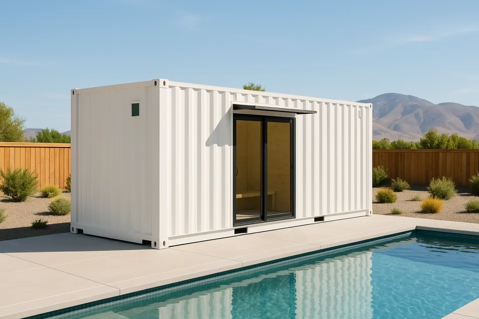 Modified shipping container pool house with a glass sliding door beside a backyard pool