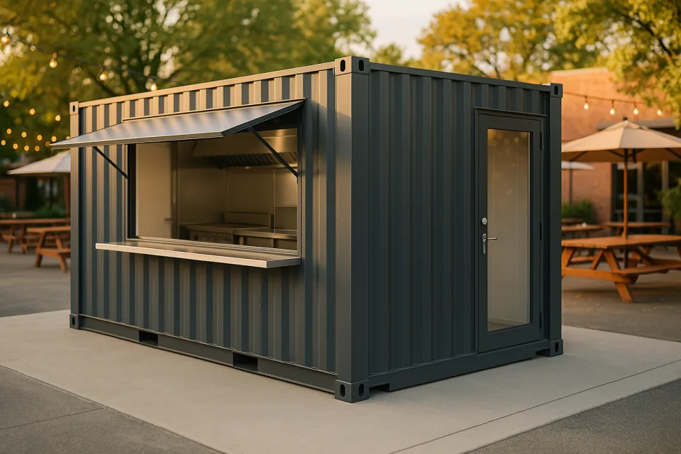 Modified shipping container pop-up restaurant kitchen with a serving window and awning beside a patio