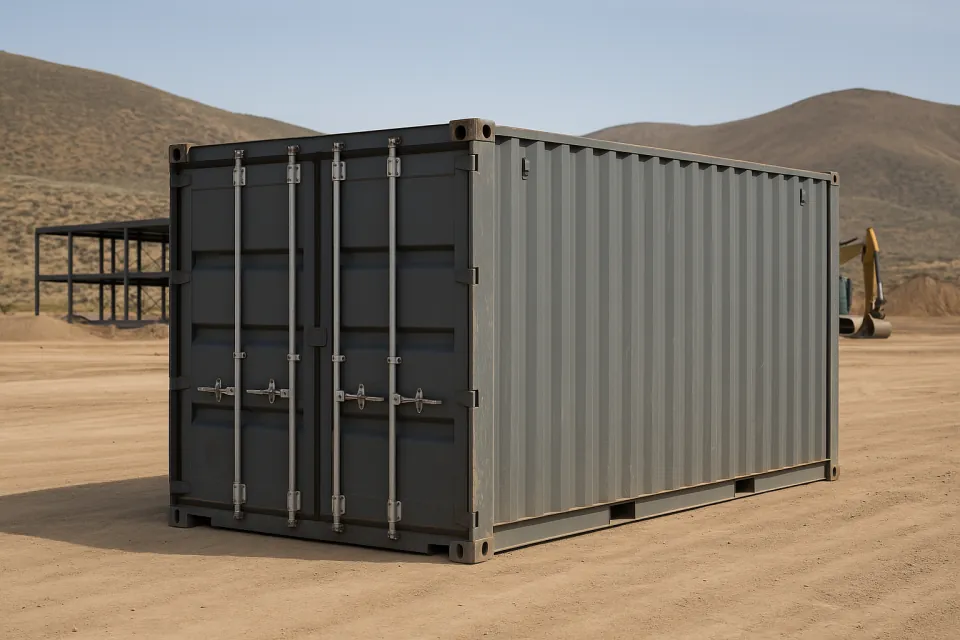 Shipping container for construction jobsite storage on a graded dirt pad, with steel framing and an excavator behind it