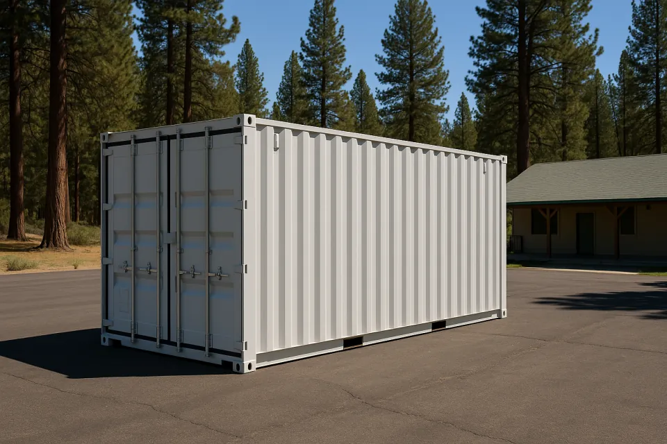 Shipping container emergency supply cache on an asphalt pad beside a community building in the pines