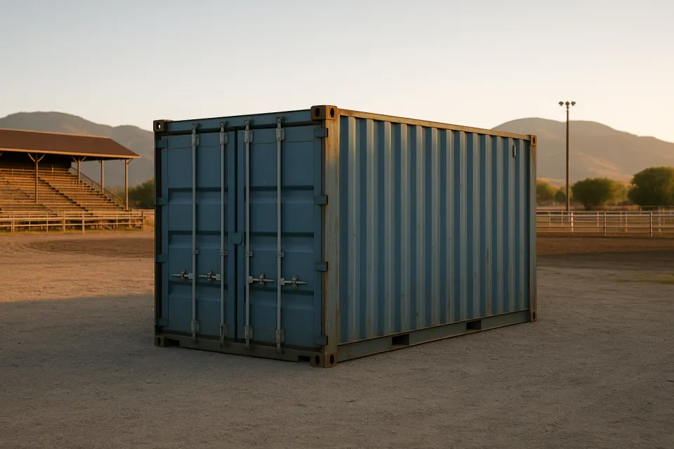 Shipping container for event and venue equipment storage on a gravel pad beside a fairground grandstand