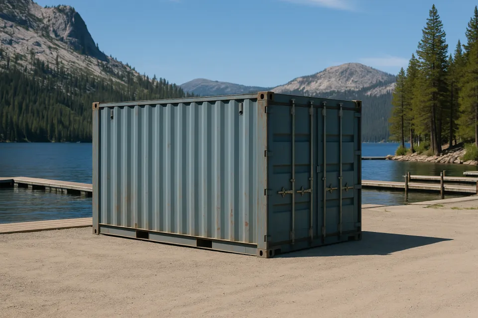 Shipping container for marina and ski gear storage on a gravel pad beside an alpine lake