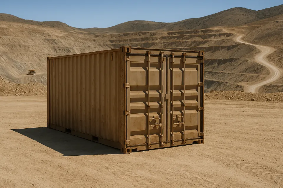 Shipping container for mine site parts storage on a graded pad at a Nevada open-pit mine