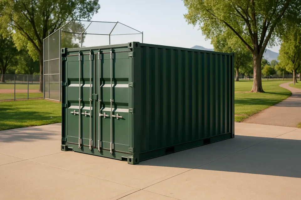 Shipping container for parks and public works storage on a concrete pad beside a ball field