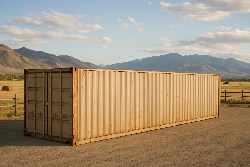 40 ft shipping container for ranch feed and tack storage on a gravel pad beside a fence line and pasture