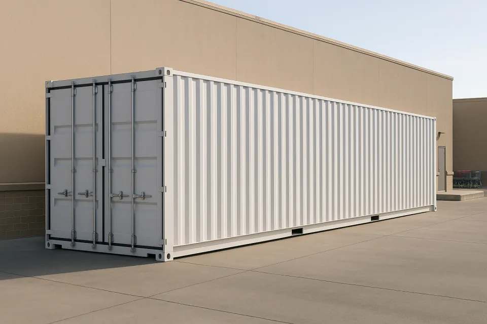 40 ft shipping container for retail overflow storage on a concrete pad behind a store