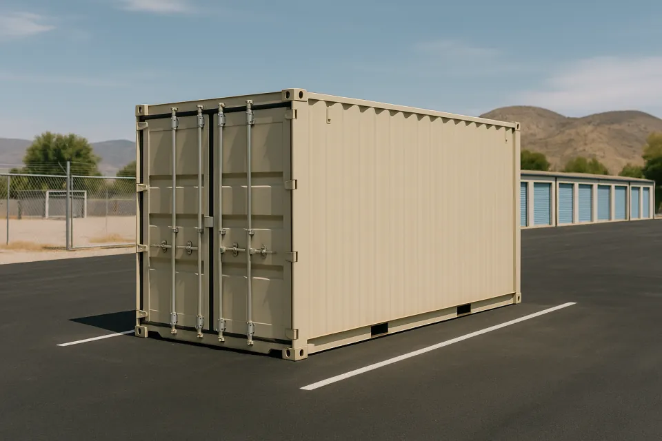 Shipping container as a self storage rental unit on a striped blacktop lot at a storage facility