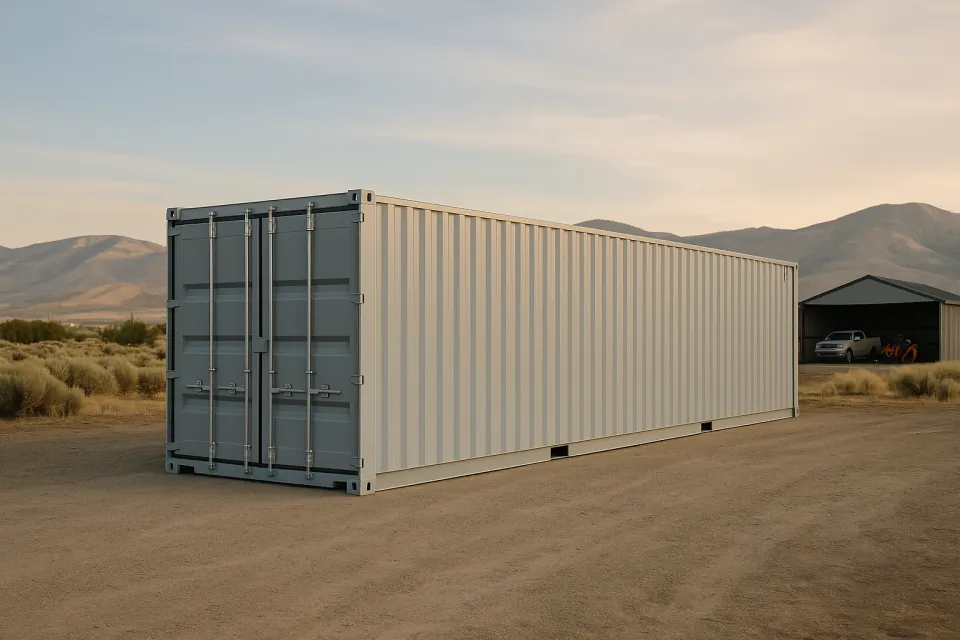 40 ft high cube shipping container for workshop and equipment storage on a rural gravel pad